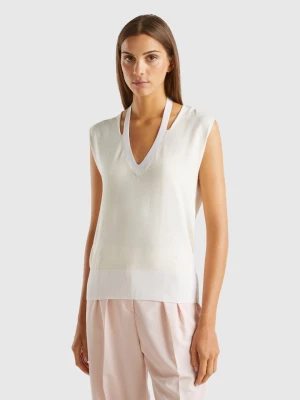 Benetton, Flowy Sweater With V-neck And Laces, size S, Creamy White, Women United Colors of Benetton