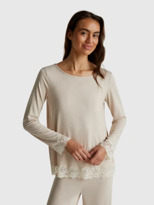 Benetton, Flowy Top With Lace, Size: M, Beige, Women United Colors of Benetton