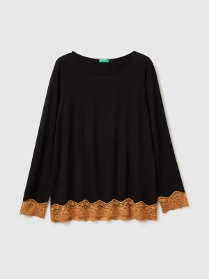 Benetton, Flowy Top With Lace, Size: XS, Black, Women United Colors of Benetton