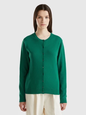 Benetton, Forest Green Crew Neck Cardigan In Pure Merino Wool, size M, Dark Green, Women United Colors of Benetton