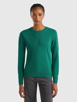 Benetton, Forest Green Crew Neck Sweater In Pure Merino Wool, size L, Dark Green, Women United Colors of Benetton