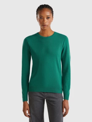 Benetton, Forest Green Crew Neck Sweater In Pure Merino Wool, size S, Dark Green, Women United Colors of Benetton