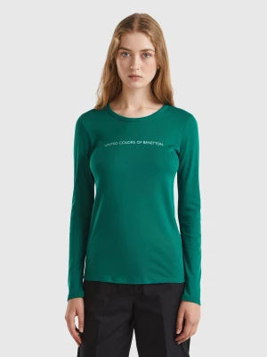 Benetton, Forest Green Long Sleeve T-shirt In 100% Cotton, size L, Dark Green, Women United Colors of Benetton