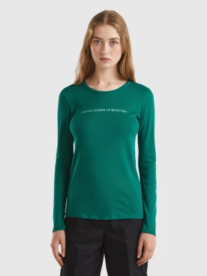 Benetton, Forest Green Long Sleeve T-shirt In 100% Cotton, size XL, Dark Green, Women United Colors of Benetton