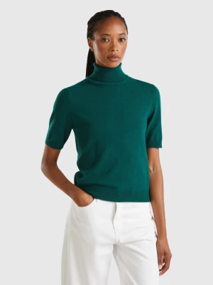 Benetton, Forest Green Short Sleeve Turtleneck In Cashmere Blend, size M, Dark Green, Women United Colors of Benetton