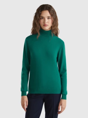 Benetton, Forest Green Turtleneck Sweater In Pure Merino Wool, size S, Dark Green, Women United Colors of Benetton