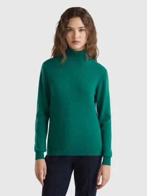 Benetton, Forest Green Turtleneck Sweater In Pure Merino Wool, size S, Dark Green, Women United Colors of Benetton