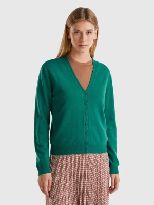 Benetton, Forest Green V-neck Cardigan In Pure Merino Wool, size L, Dark Green, Women United Colors of Benetton