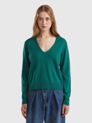 Benetton, Forest Green V-neck Sweater In Pure Merino Wool, size M, Dark Green, Women United Colors of Benetton