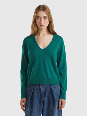 Benetton, Forest Green V-neck Sweater In Pure Merino Wool, size XL, Dark Green, Women United Colors of Benetton