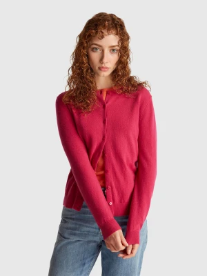 Benetton, Fuchsia Crew Neck Cardigan In Pure Merino Wool, Size: XXS, Cyclamen, Women United Colors of Benetton