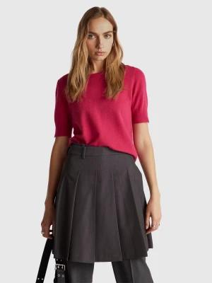 Benetton, Fuchsia Short Sleeve Sweater In Pure Merino Wool, Size: XXS, Cyclamen, Women United Colors of Benetton