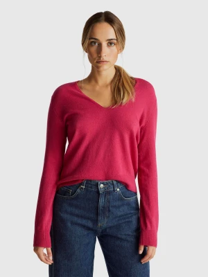 Benetton, Fuchsia V-neck Sweater In Pure Merino Wool, Size: XS, Cyclamen, Women United Colors of Benetton