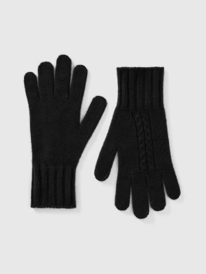 Benetton, Gloves With Cable Knit, size OS, Black, Women United Colors of Benetton