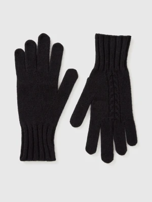 Benetton, Gloves With Cable Knit, Size: OS, Black, Women United Colors of Benetton