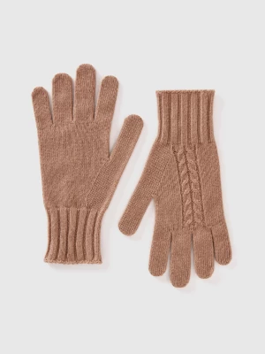 Benetton, Gloves With Cable Knit, size OS, Camel, Women United Colors of Benetton