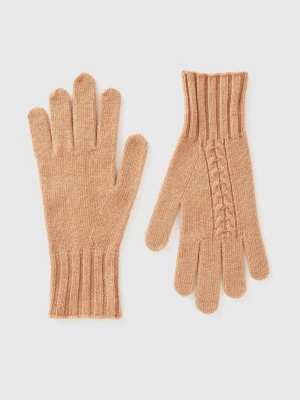 Benetton, Gloves With Cable Knit, Size: OS, Camel, Women United Colors of Benetton