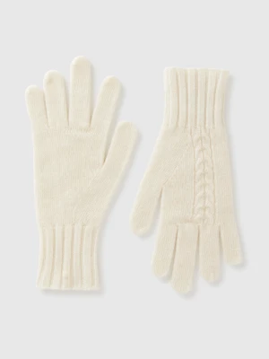 Benetton, Gloves With Cable Knit, Size: OS, Creamy White, Women United Colors of Benetton