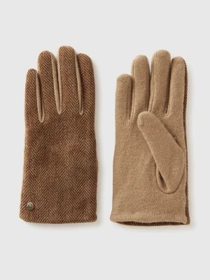 Benetton, Gloves With Herringbone Texture, Size: S, Camel, Women United Colors of Benetton