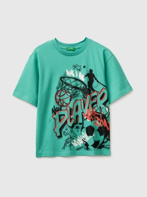 Benetton, Graffiti Print T-shirt, Size: XL, Light Green, Kids United Colors of Benetton