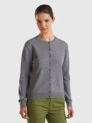 Benetton, Gray Crew Neck Cardigan In Pure Merino Wool, size L, Dark Gray, Women United Colors of Benetton