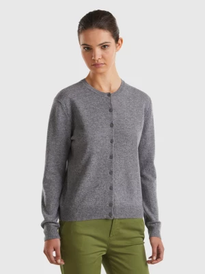 Benetton, Gray Crew Neck Cardigan In Pure Merino Wool, size XL, Dark Gray, Women United Colors of Benetton