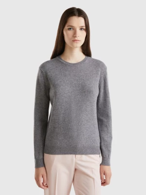 Benetton, Gray Crew Neck Sweater In Merino Wool, size L, Dark Gray, Women United Colors of Benetton