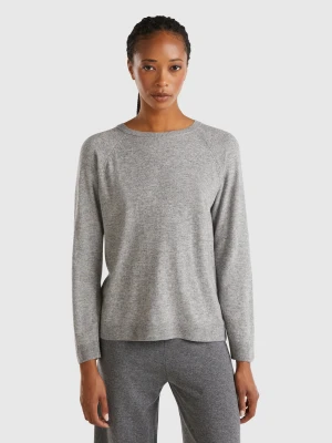 Benetton, Gray Mélange Crew Neck Sweater In Cashmere And Wool Blend, size XXS, Light Gray, Women United Colors of Benetton