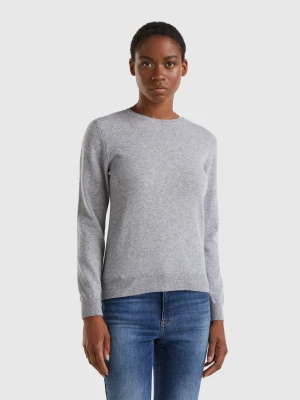 Benetton, Gray Mélange Crew Neck Sweater In Merino Wool, Size: XS, Light Gray, Women United Colors of Benetton
