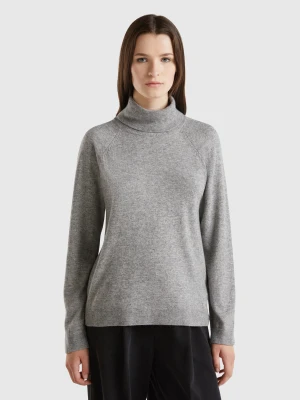 Benetton, Gray Mélange Turtleneck Sweater In Cashmere And Wool Blend, Size: XXS, Light Gray, Women United Colors of Benetton