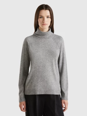 Benetton, Gray Turtleneck Sweater In Cashmere And Wool Blend, size XL, Light Gray, Women United Colors of Benetton