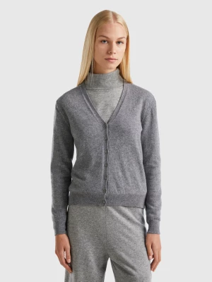 Benetton, Gray V-neck Cardigan In Pure Merino Wool, size L, Dark Gray, Women United Colors of Benetton