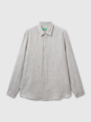 Benetton, Green And White Striped Shirt In Pure Linen, Size: XXL, Military Green, Men United Colors of Benetton