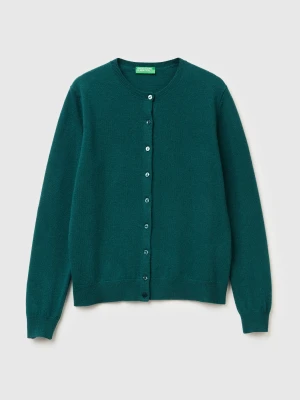 Benetton, Green Crew Neck Cardigan In Pure Merino Wool, Size: XXS, Dark Green, Women United Colors of Benetton