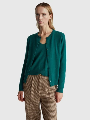 Benetton, Green Crew Neck Cardigan In Pure Merino Wool, Size: XXS, Dark Green, Women United Colors of Benetton