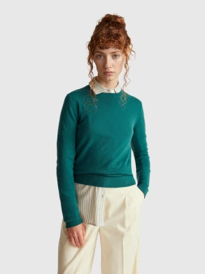 Benetton, Green Crew Neck Sweater In Merino Wool, Size: XXS, Dark Green, Women United Colors of Benetton