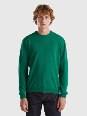 Benetton, Green Crew Neck Sweater In Pure Merino Wool, size L, Dark Green, Men United Colors of Benetton