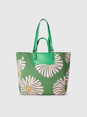 Benetton, Green Tote Bag With Flower Print, size OS, Green, Women United Colors of Benetton