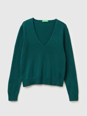 Benetton, Green V-neck Sweater In Pure Merino Wool, Size: XXS, Dark Green, Women United Colors of Benetton