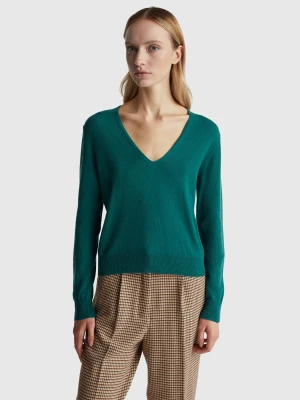 Benetton, Green V-neck Sweater In Pure Merino Wool, Size: XXS, Dark Green, Women United Colors of Benetton