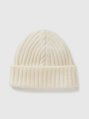 Benetton, Hat With Cable Knit, size OS, Creamy White, Women United Colors of Benetton