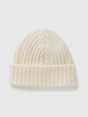 Benetton, Hat With Cable Knit, size OS, Creamy White, Women United Colors of Benetton