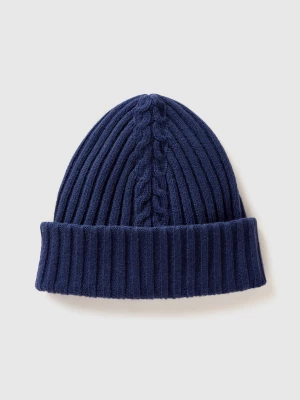 Benetton, Hat With Cable Knit, size OS, Dark Blue, Women United Colors of Benetton