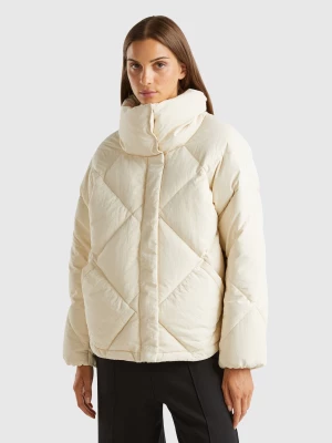 Benetton, High Collar Puffer Jacket In Genuine Recycled Down, size L, Beige, Women United Colors of Benetton