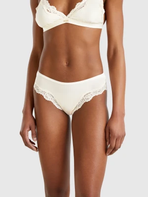 Benetton, High-rise Underwear With Lace Inserts, size XS, Creamy White, Women United Colors of Benetton