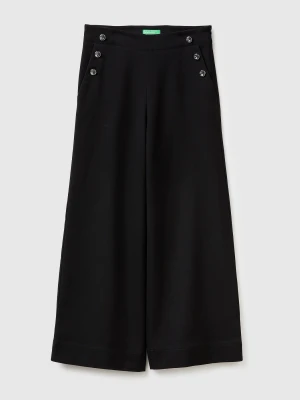 Benetton, High-waisted Trousers With Buttons, Black, Women United Colors of Benetton