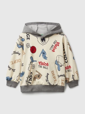 Benetton, Hoodie With Print In Cotton Blend, Size: 104, Creamy White, Kids United Colors of Benetton