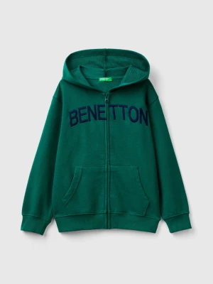 Benetton, Hoodie With Zip And Embroidered Logo, size XL, Dark Green, Kids United Colors of Benetton