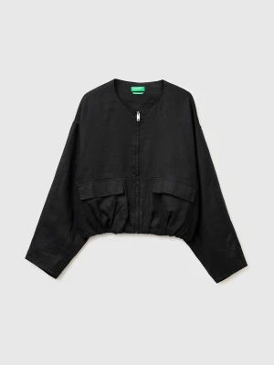 Benetton, Pure Linen Bomber Jacket, Size: XS, Black, Women United Colors of Benetton