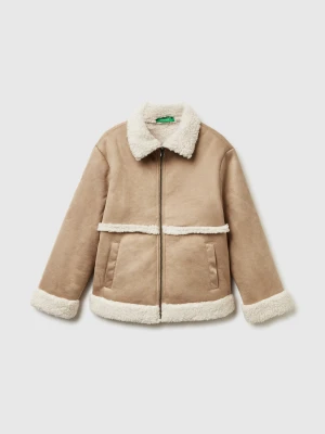 Benetton, Jacket With Suede Look Collar, Size: XL, Beige, Kids United Colors of Benetton